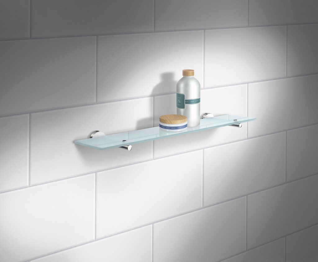 glas bathroom shelf on white tiles with hygien products